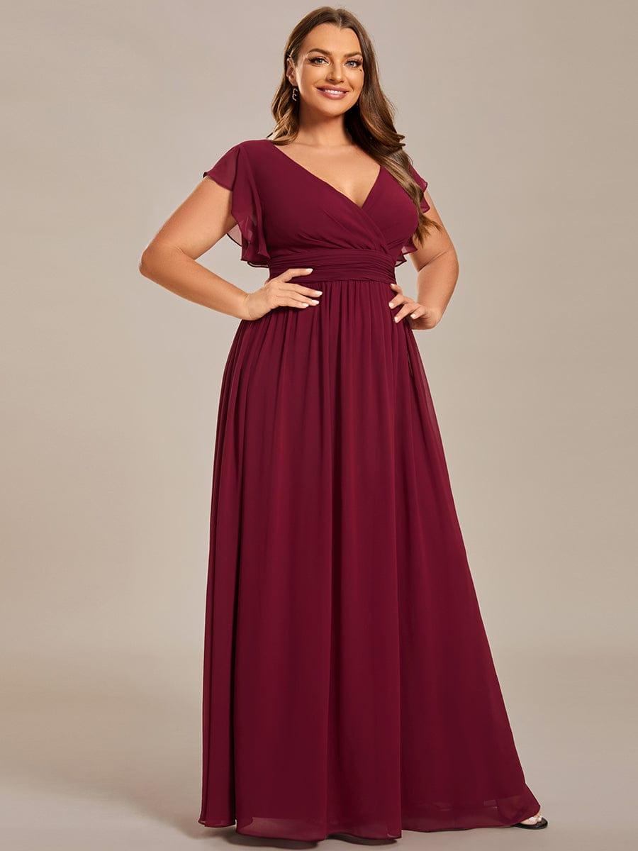 Back Cutout A-Line Pleated Ruffles Sleeve Chiffon Bridesmaid Dress #color_Burgundy