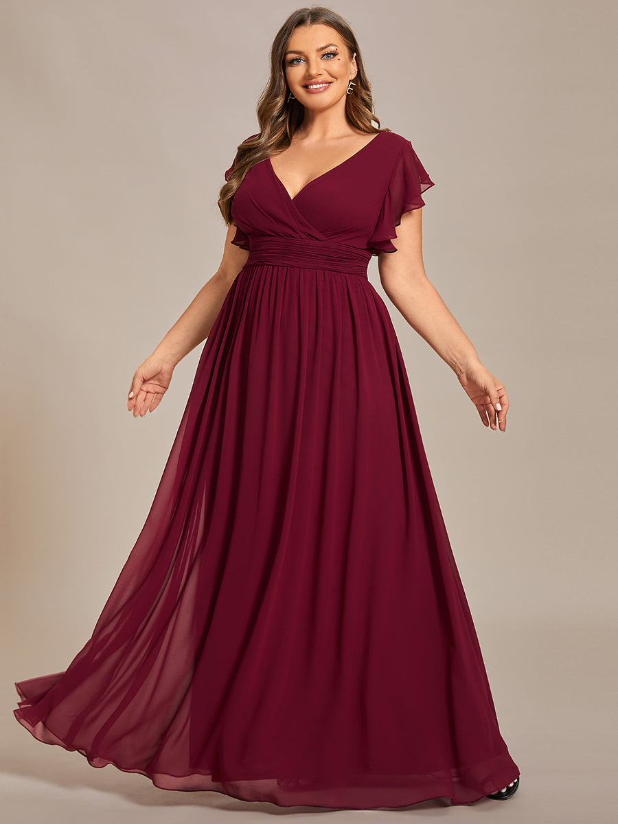 Pleated Chiffon Ruffle Sleeve Bridesmaid Dress #color_Burgundy