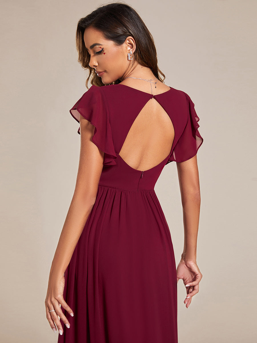 Pleated Chiffon Ruffle Sleeve Bridesmaid Dress #color_Burgundy