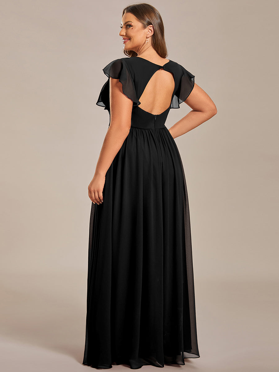 Pleated Chiffon Ruffle Sleeve Bridesmaid Dress #color_Black