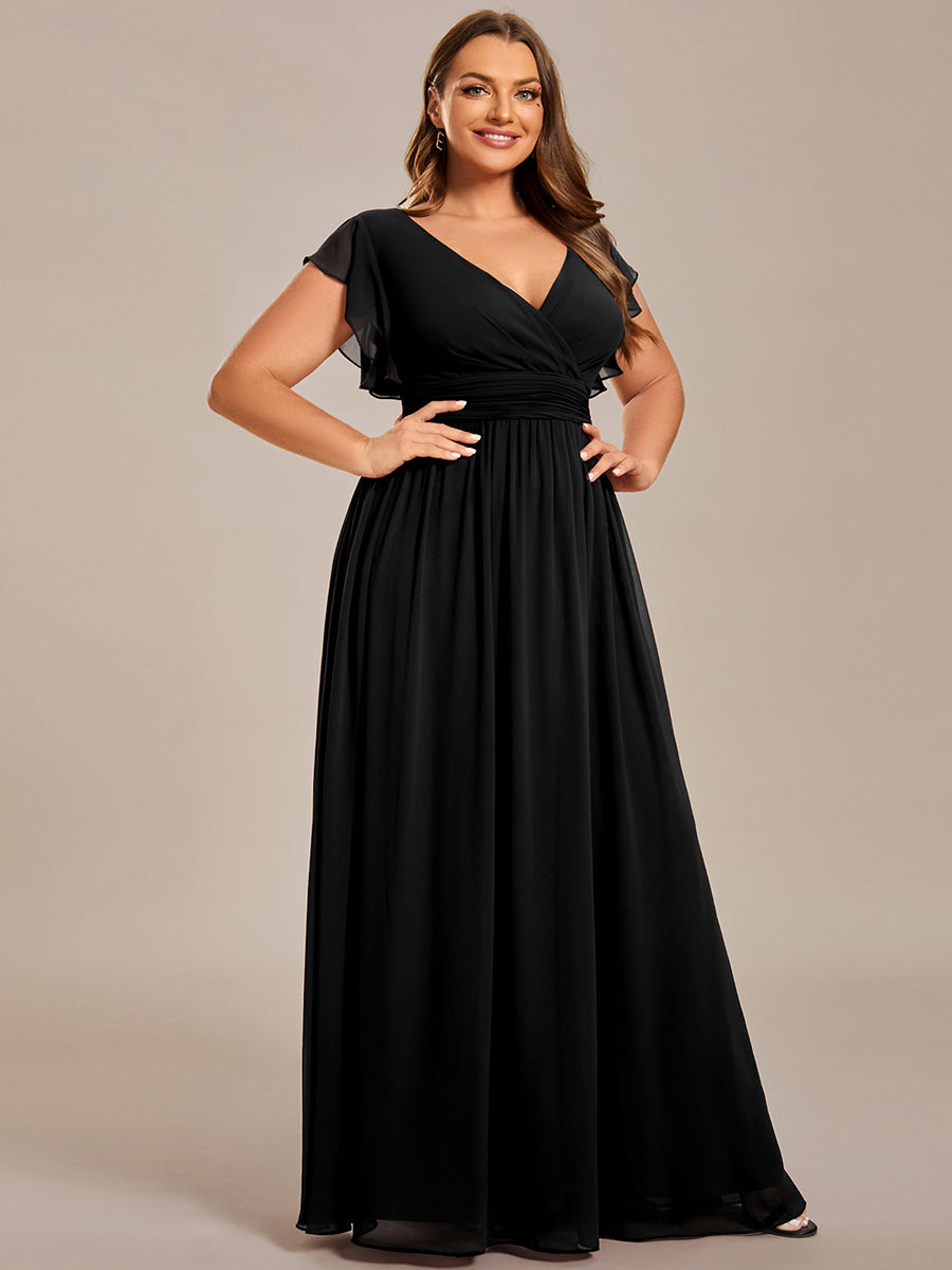 Pleated Chiffon Ruffle Sleeve Bridesmaid Dress #color_Black