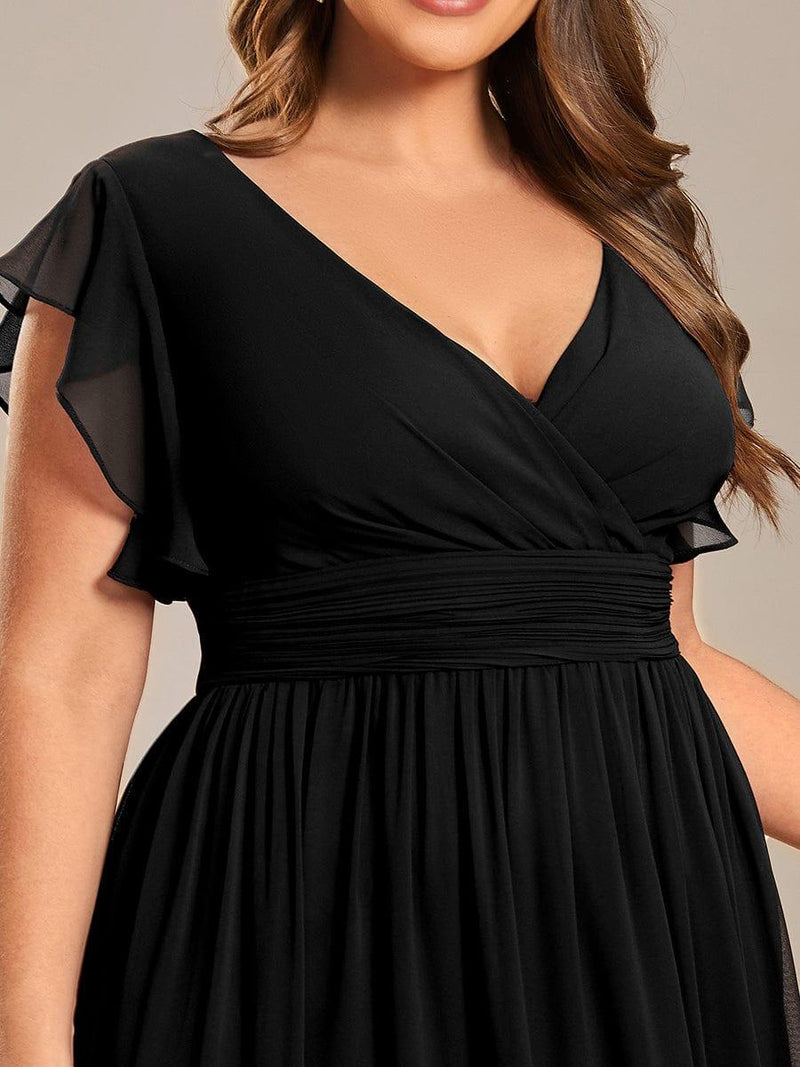 Plus Size Chiffon V-Neck Ruffles Sleeve Maxi Pleated Bridesmaid Dress