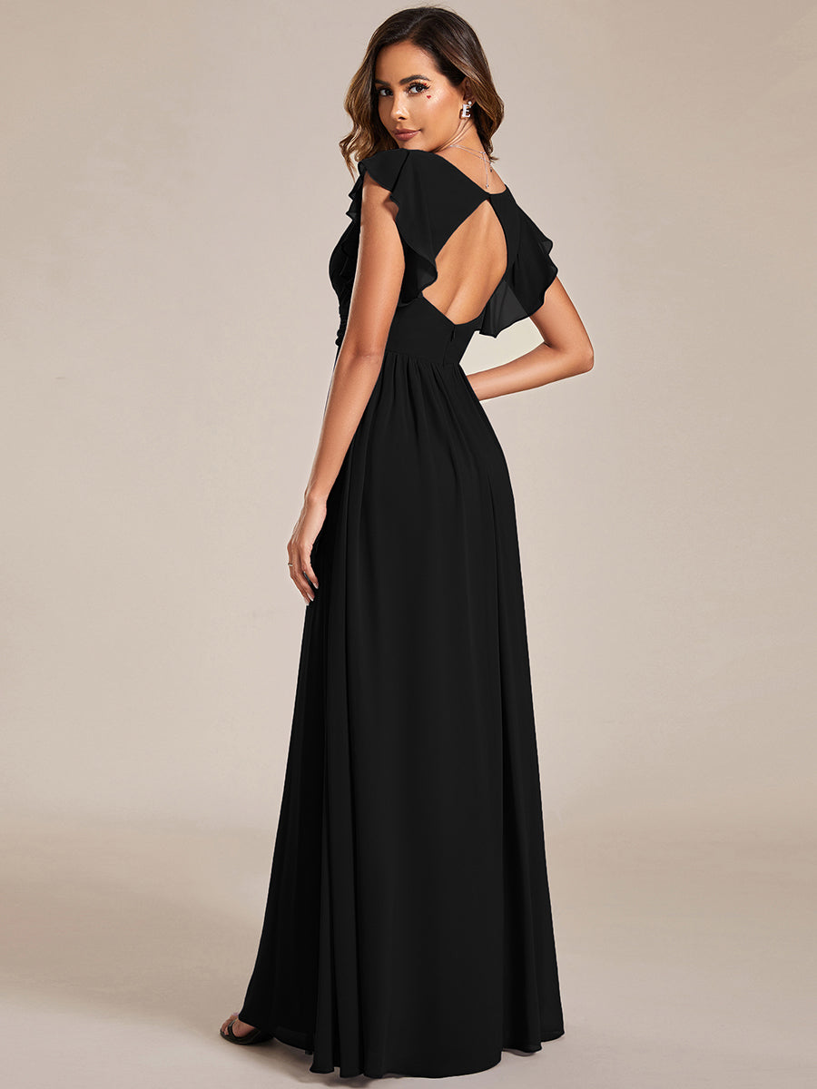 Back Cutout A-Line Pleated Ruffles Sleeve Chiffon Bridesmaid Dress #color_Black