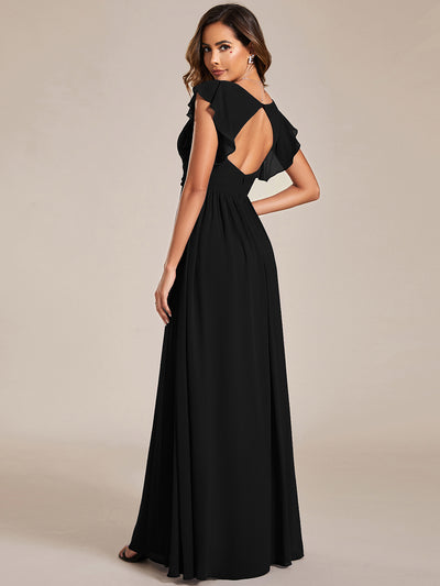 Pleated Chiffon Ruffle Sleeve Bridesmaid Dress #color_Black