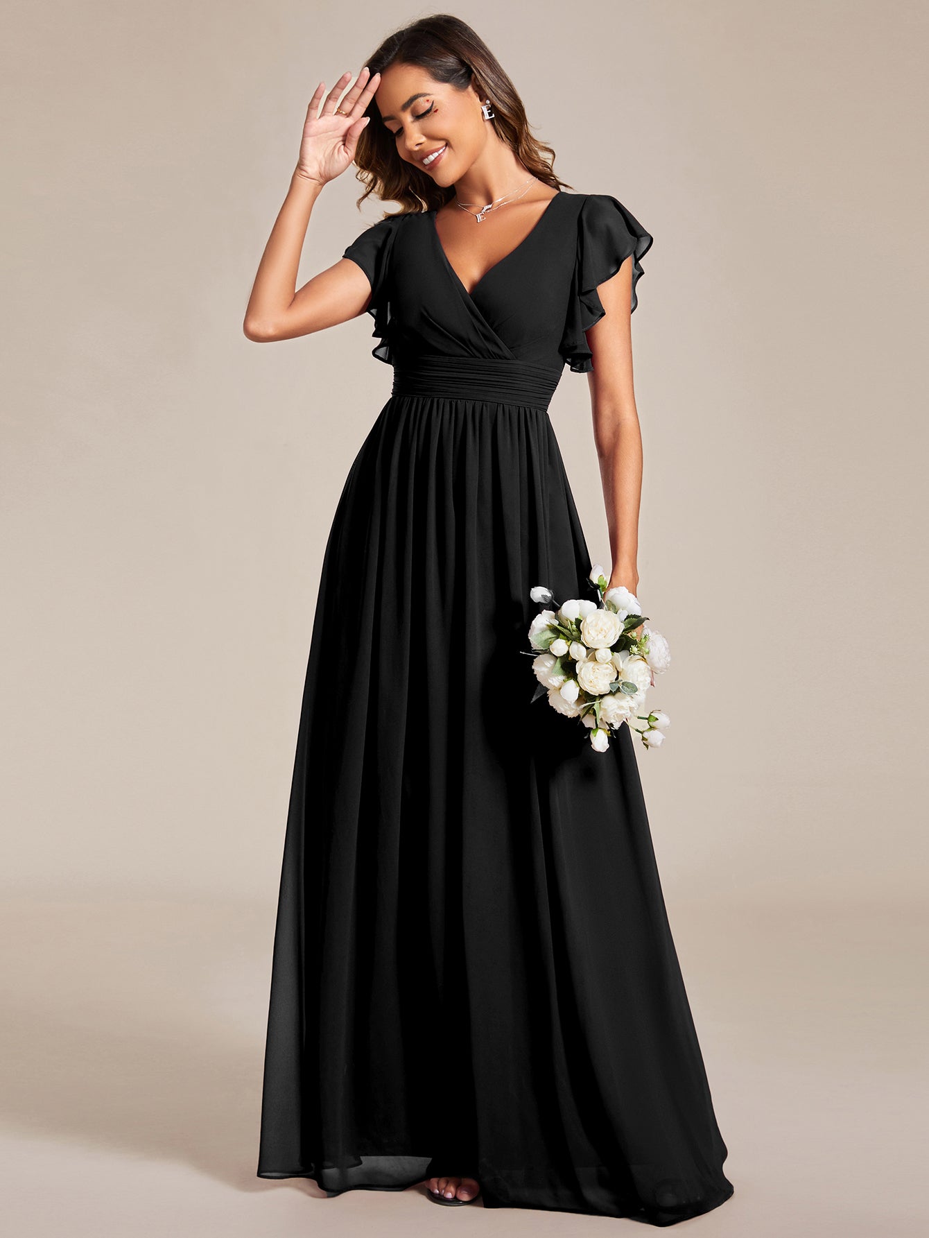 Pleated Chiffon Ruffle Sleeve Bridesmaid Dress #color_Black