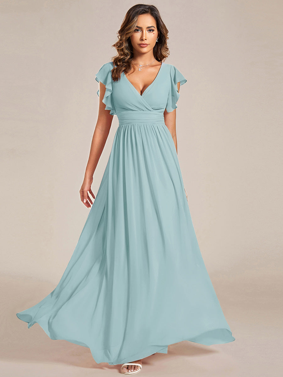 Back Cutout A-Line Pleated Ruffles Sleeve Chiffon Bridesmaid Dress #color_Sky Blue