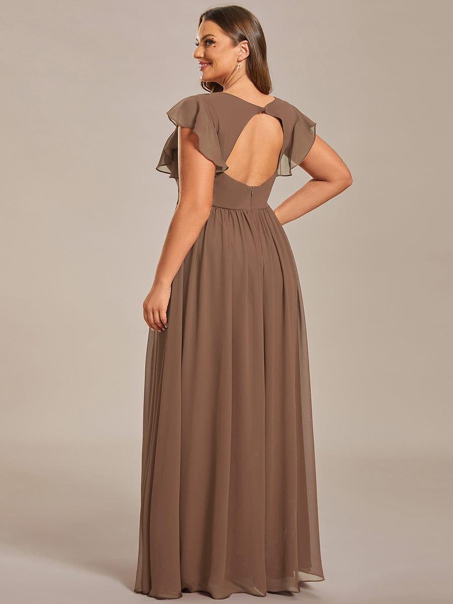 Back Cutout A-Line Pleated Ruffles Sleeve Chiffon Bridesmaid Dress #color_Brown