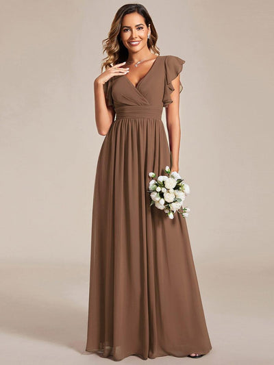 ever LILYANA|Custom Size Back Cutout A-Line Pleated Ruffles Sleeve Chiffon Bridesmaid Dress