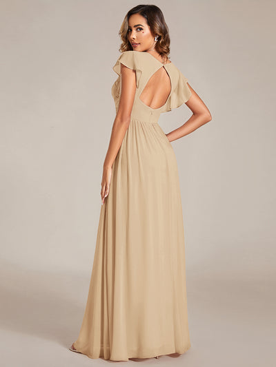 Back Cutout A-Line Pleated Ruffles Sleeve Chiffon Bridesmaid Dress #color_Champagne