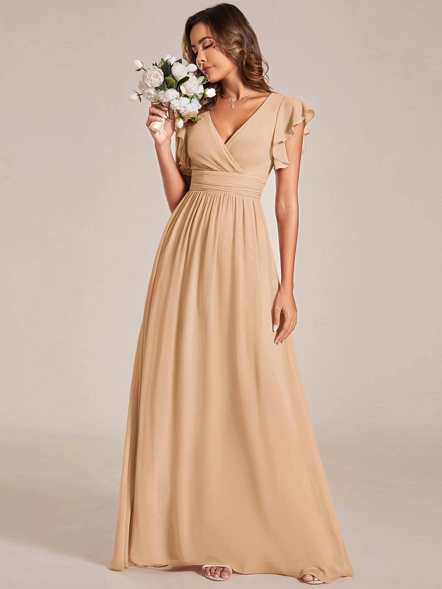 Pleated Chiffon Ruffle Sleeve Bridesmaid Dress #color_Champagne
