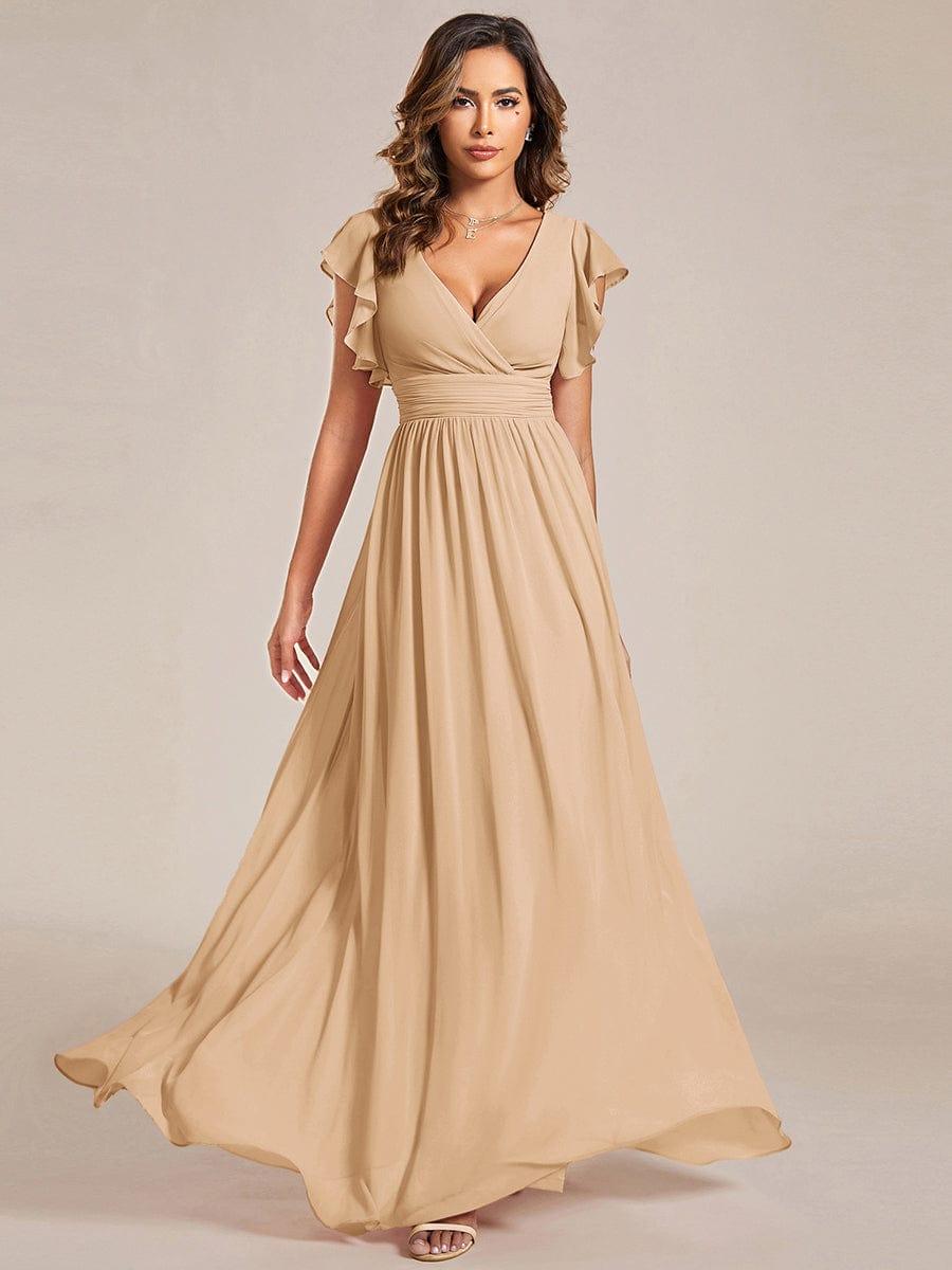 Back Cutout A-Line Pleated Ruffles Sleeve Chiffon Bridesmaid Dress #color_Champagne