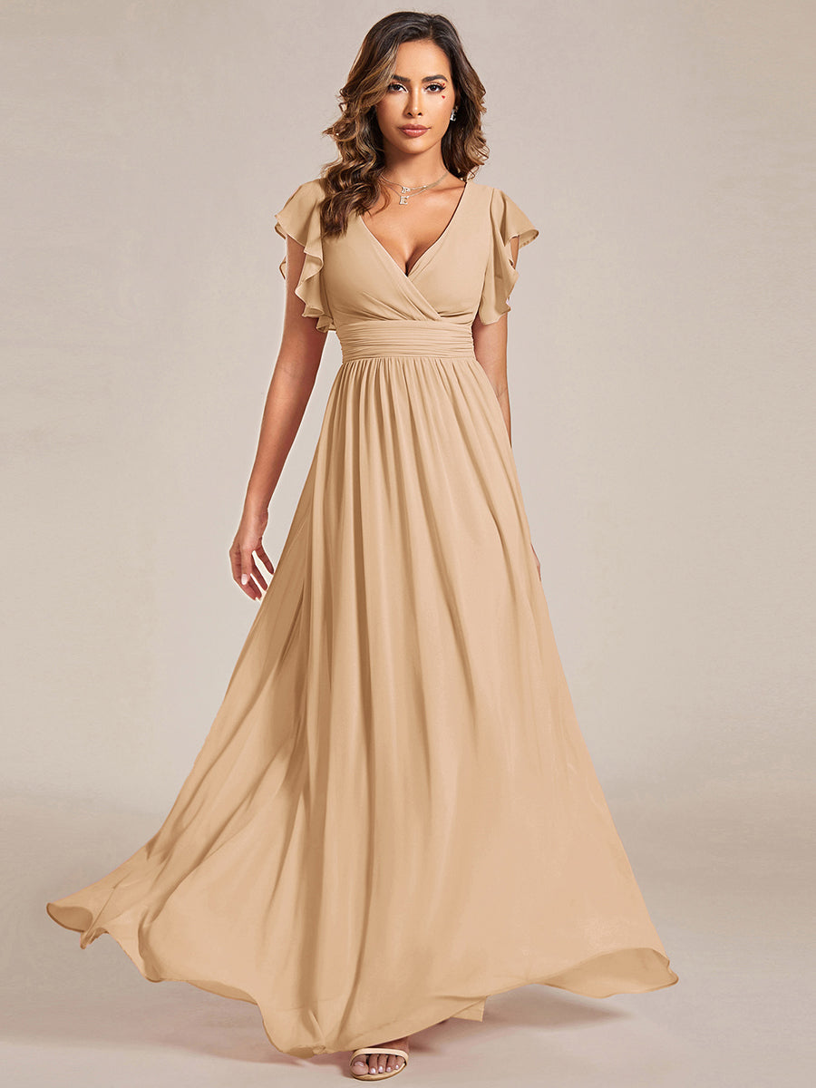 Pleated Chiffon Ruffle Sleeve Bridesmaid Dress #color_Champagne