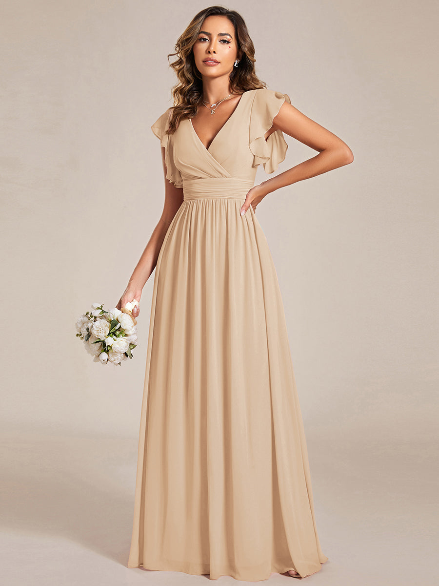 Pleated Chiffon Ruffle Sleeve Bridesmaid Dress #color_Champagne