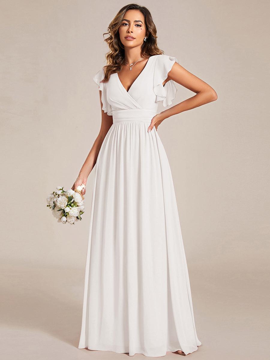 Ruffles Sleeve Back Cutout A-Line Maxi Chiffon Bridesmaid Dress #color_White