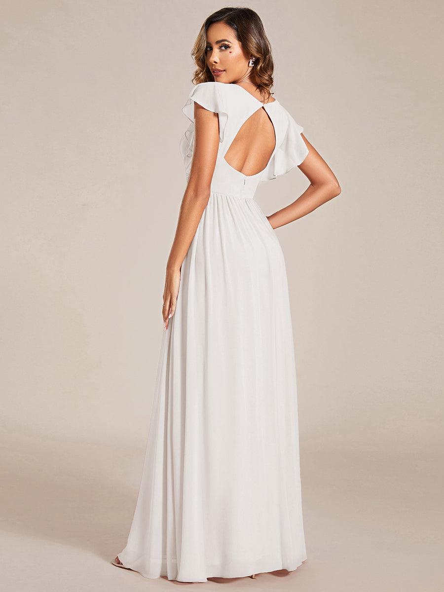 Ruffles Sleeve Back Cutout A-Line Maxi Chiffon Bridesmaid Dress #color_White
