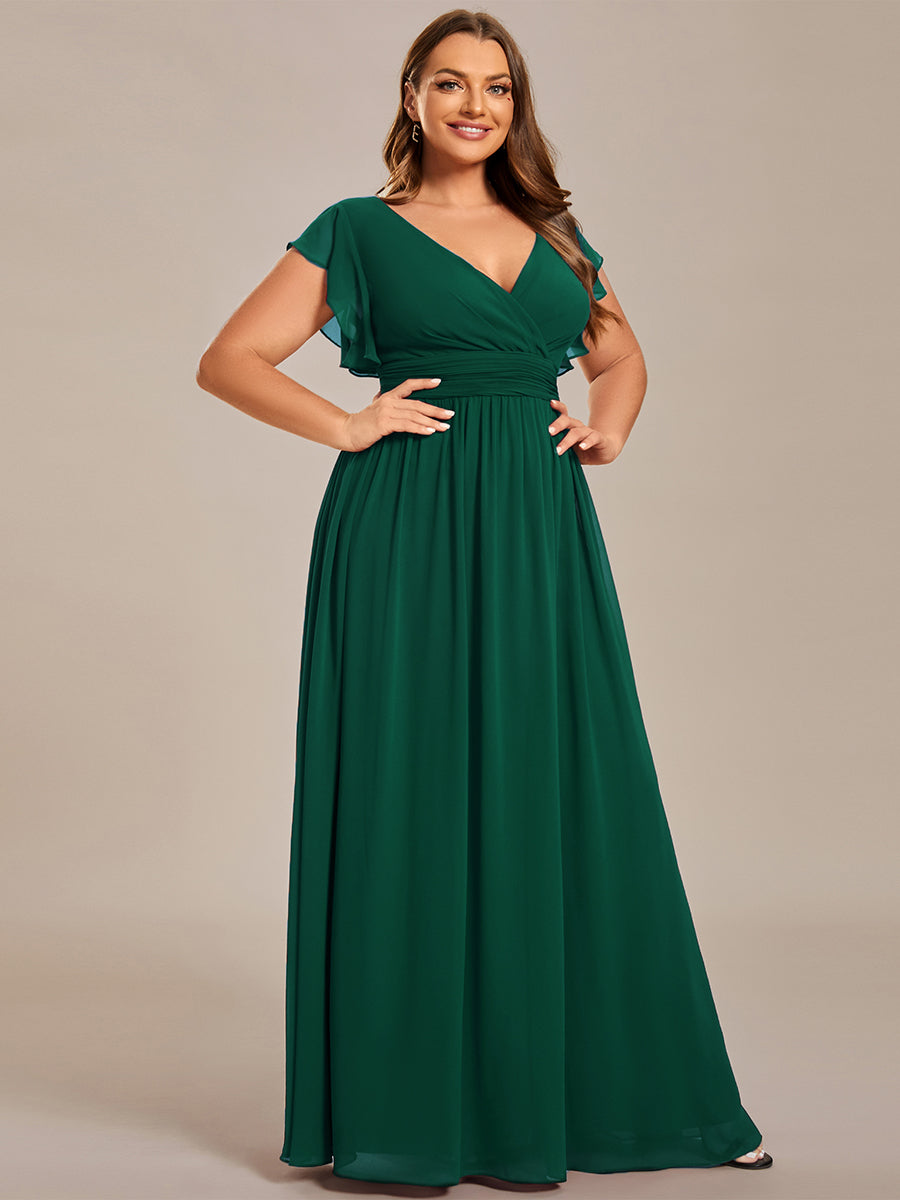 Pleated Chiffon Ruffle Sleeve Bridesmaid Dress #color_Dark Green