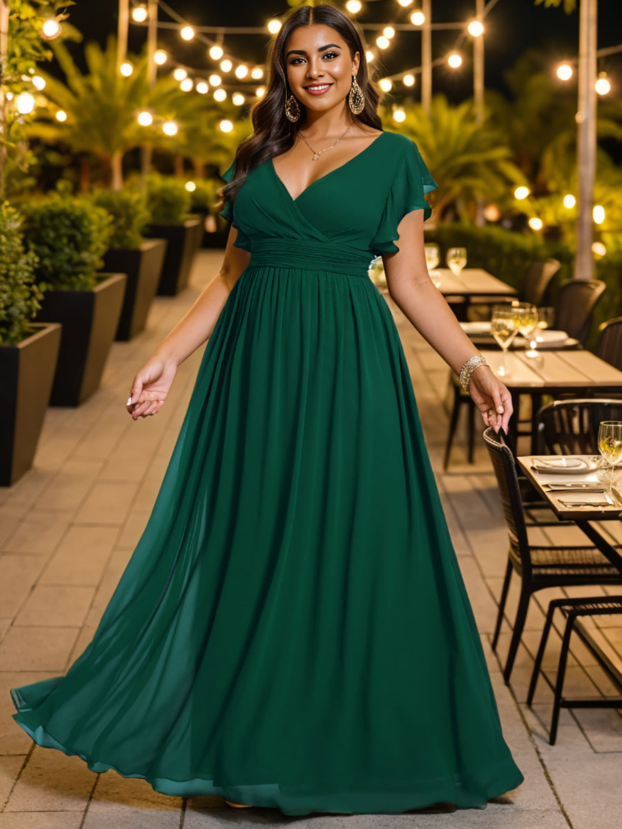 Pleated Chiffon Ruffle Sleeve Bridesmaid Dress #color_Dark Green