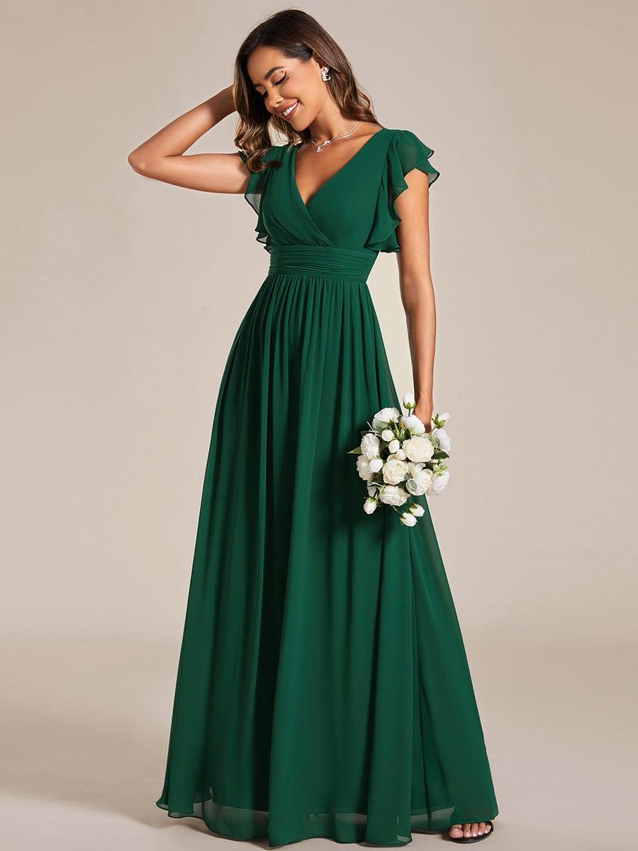 Back Cutout A-Line Pleated Ruffles Sleeve Chiffon Bridesmaid Dress #color_Dark Green