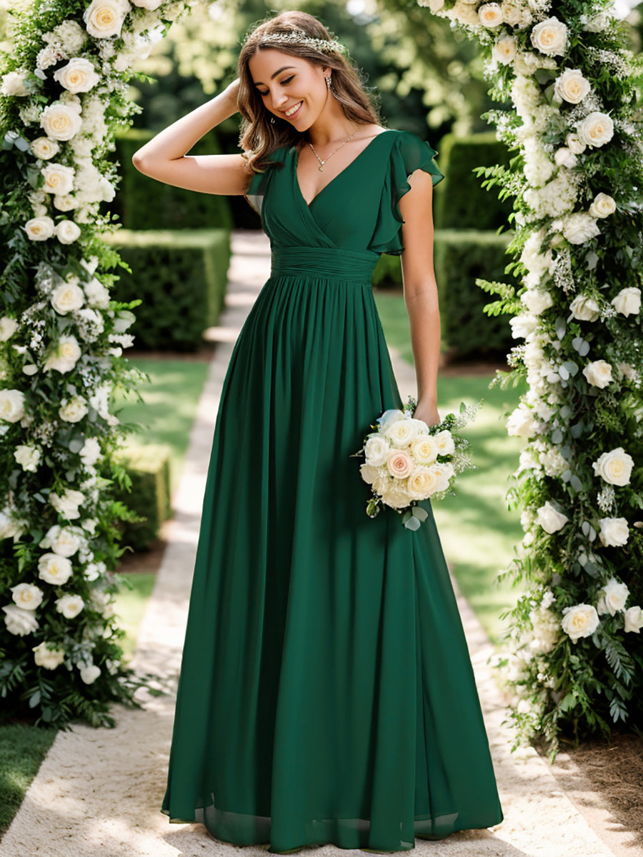Pleated Chiffon Ruffle Sleeve Bridesmaid Dress #color_Dark Green