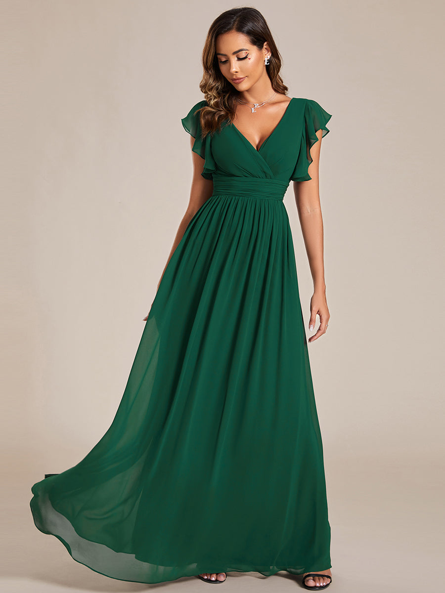 Pleated Chiffon Ruffle Sleeve Bridesmaid Dress #color_Dark Green