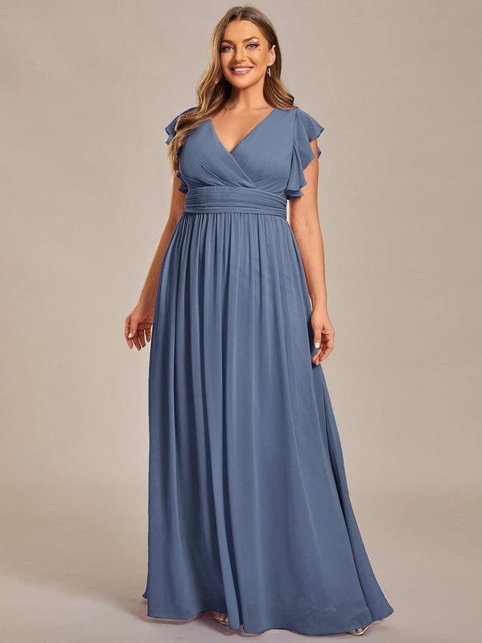 Plus Size Chiffon V-Neck Ruffles Sleeve Maxi Pleated Bridesmaid Dress