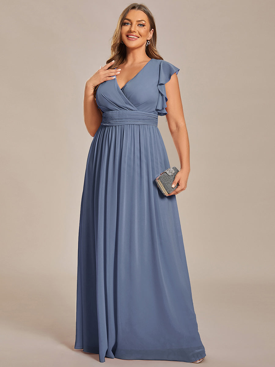Pleated Chiffon Ruffle Sleeve Bridesmaid Dress #color_Dusty Blue