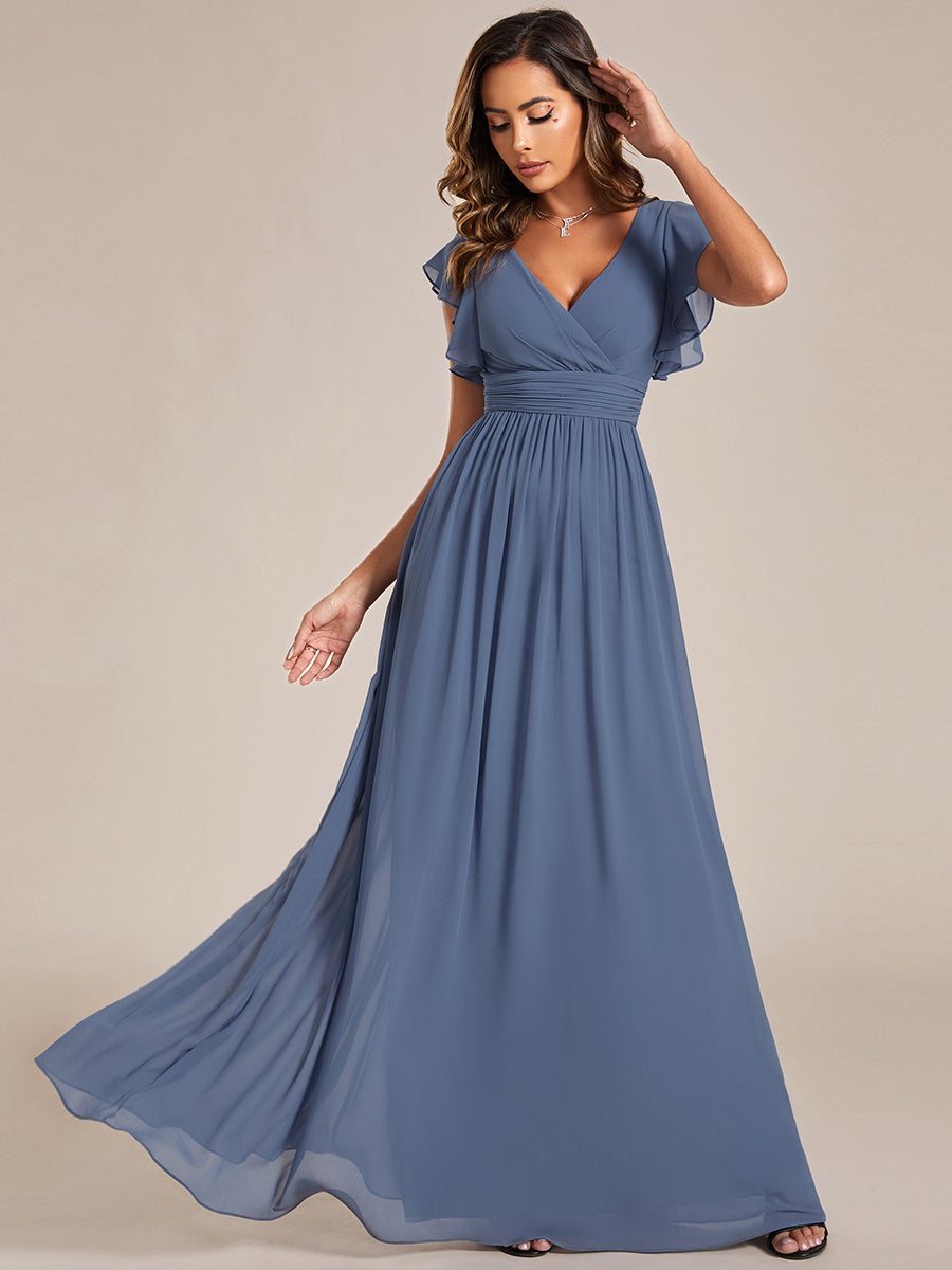 Pleated Chiffon Ruffle Sleeve Bridesmaid Dress #color_Dusty Blue