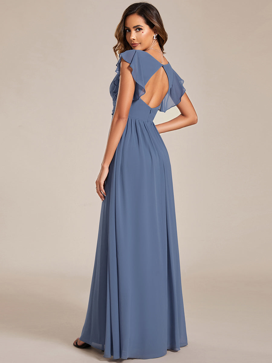 Pleated Chiffon Ruffle Sleeve Bridesmaid Dress #color_Dusty Blue