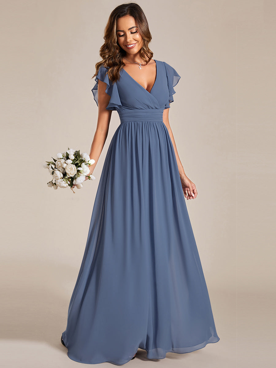 Pleated Chiffon Ruffle Sleeve Bridesmaid Dress #color_Dusty Blue