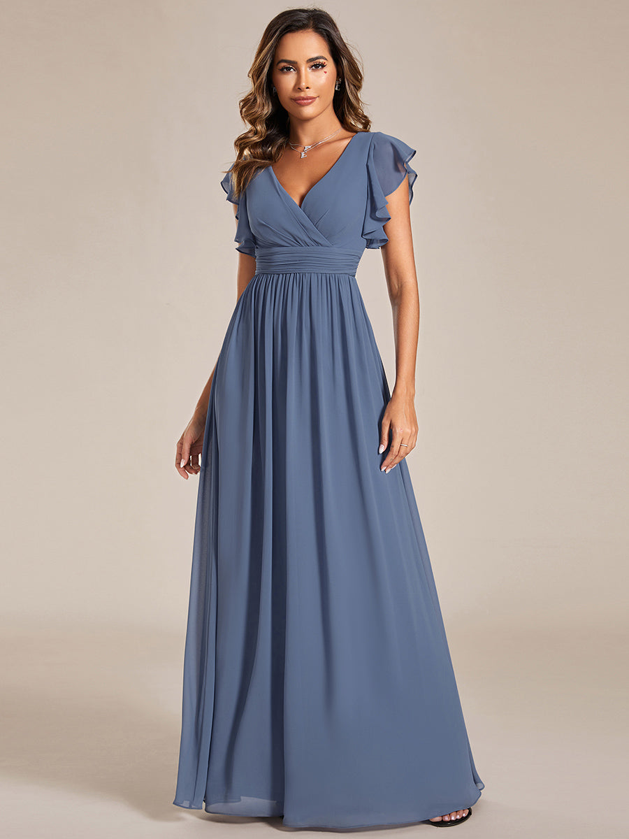 Pleated Chiffon Ruffle Sleeve Bridesmaid Dress #color_Dusty Blue