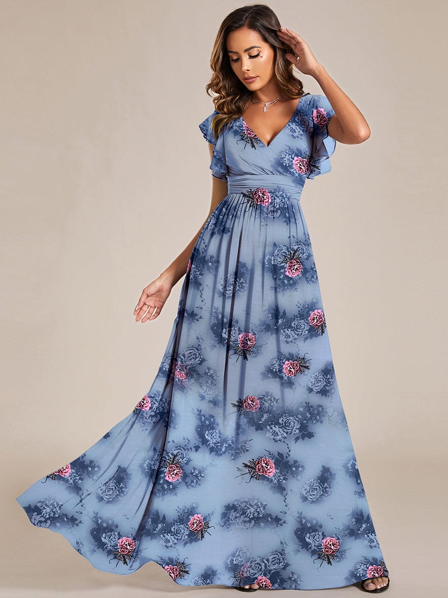 Back Cutout A-Line Pleated Ruffles Sleeve Chiffon Bridesmaid Dress #color_Dusty Peony