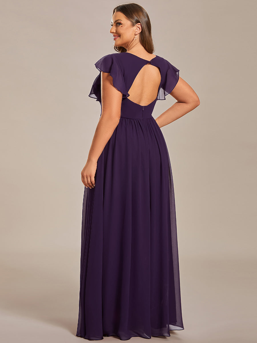Pleated Chiffon Ruffle Sleeve Bridesmaid Dress #color_Dark Purple