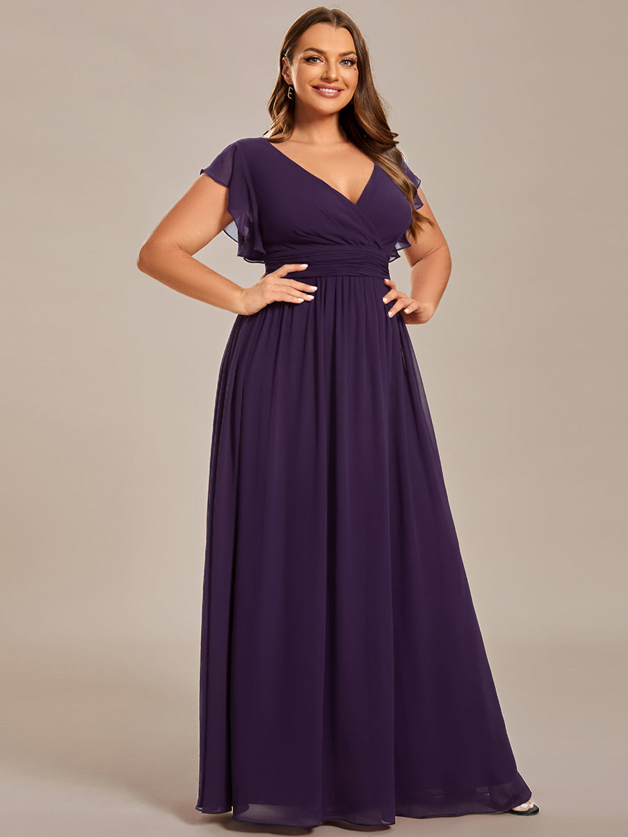 Pleated Chiffon Ruffle Sleeve Bridesmaid Dress #color_Dark Purple