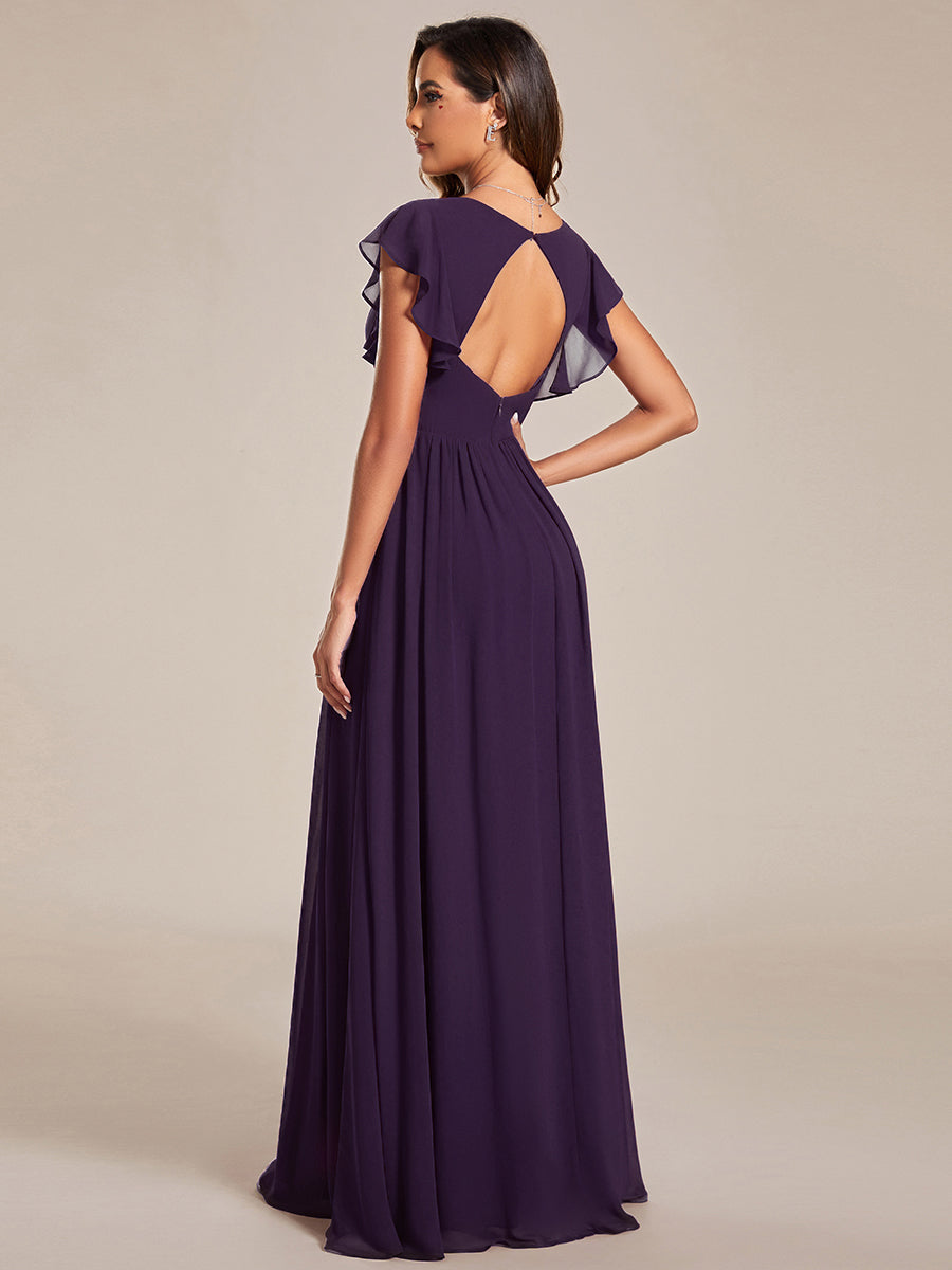 Pleated Chiffon Ruffle Sleeve Bridesmaid Dress #color_Dark Purple