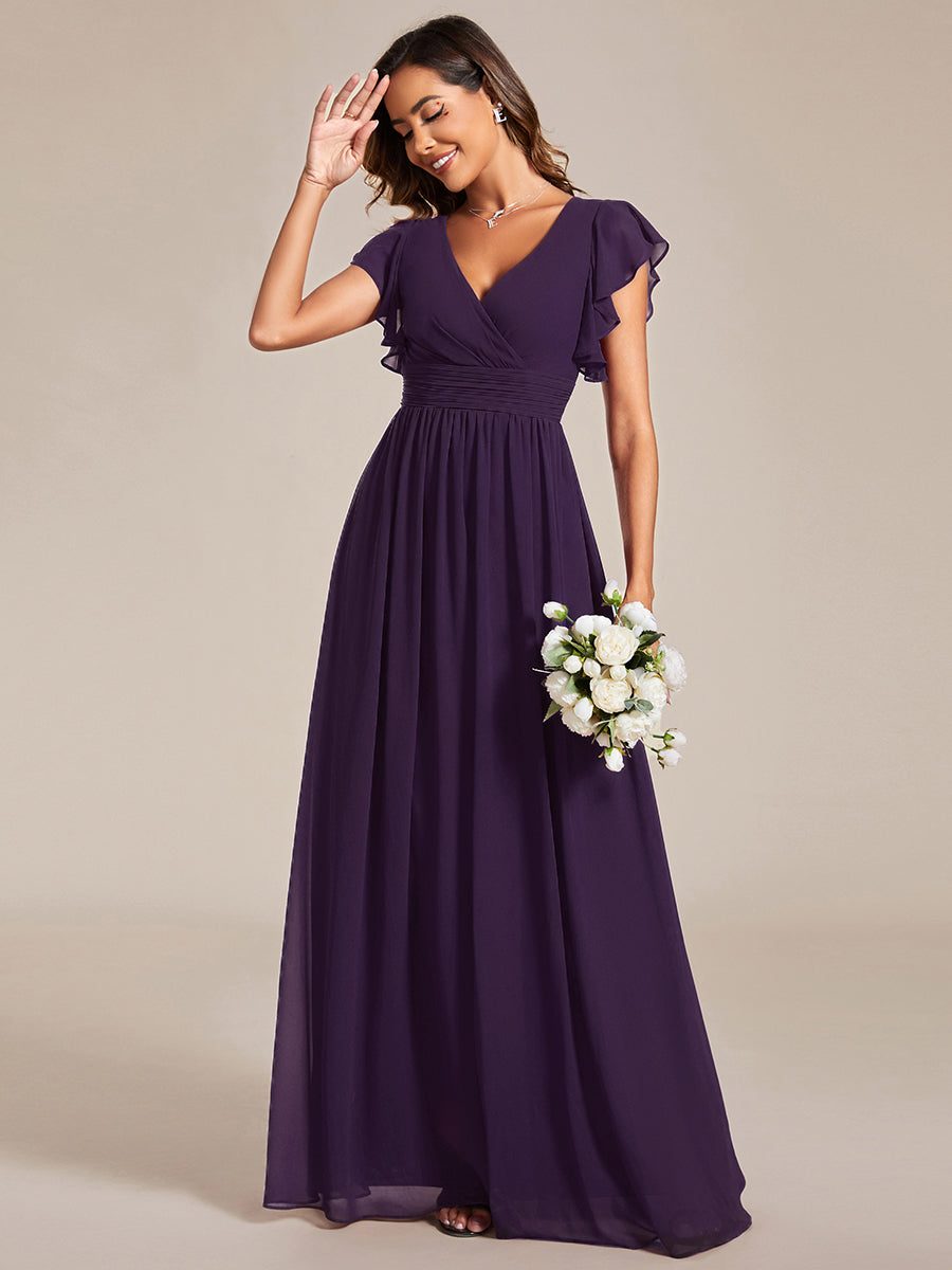 Pleated Chiffon Ruffle Sleeve Bridesmaid Dress #color_Dark Purple