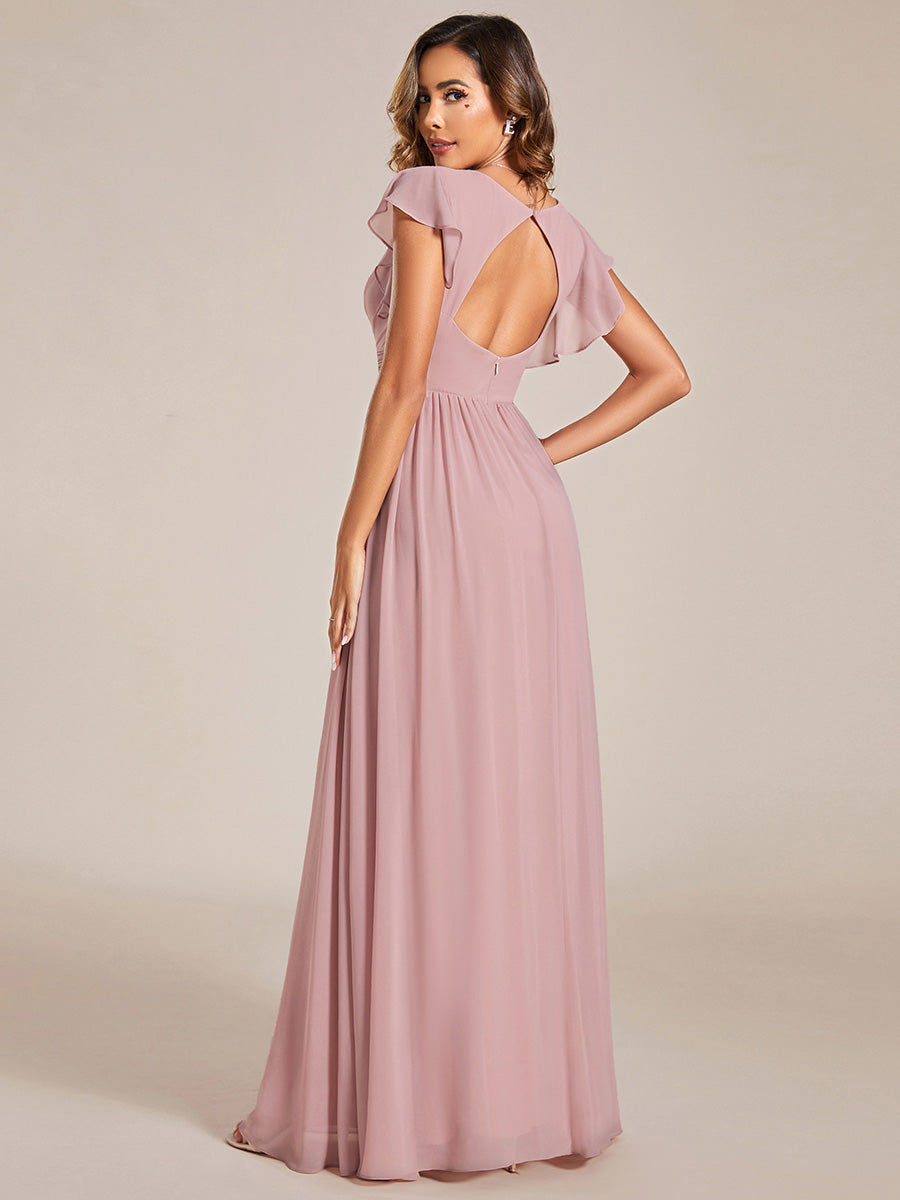 Pleated Chiffon Ruffle Sleeve Bridesmaid Dress #color_Dusty Rose