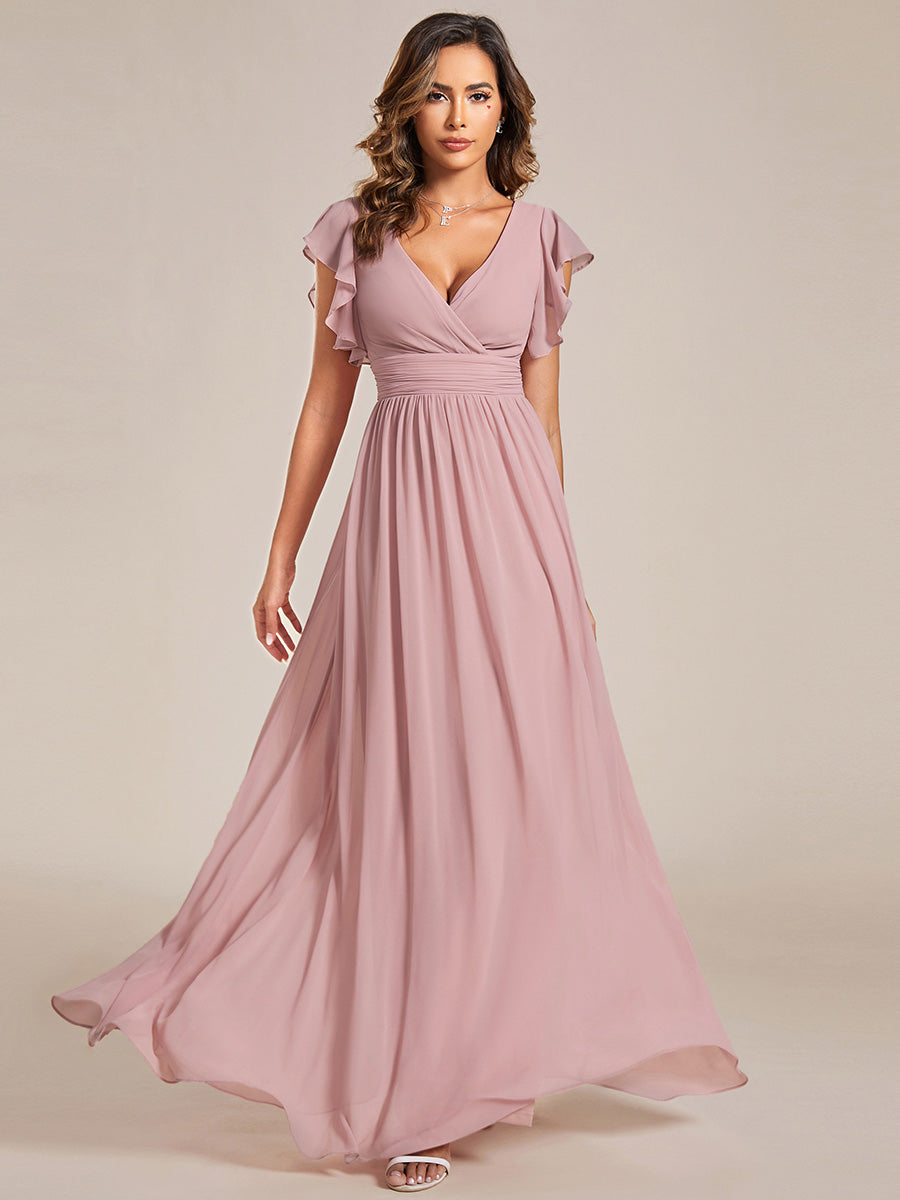 Pleated Chiffon Ruffle Sleeve Bridesmaid Dress #color_Dusty Rose