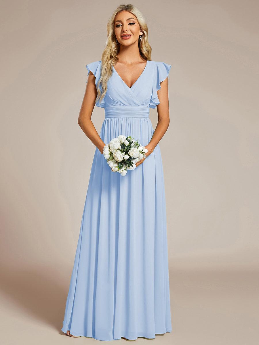 Back Cutout A-Line Pleated Ruffles Sleeve Chiffon Bridesmaid Dress #color_Ice Blue