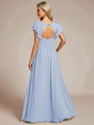 Back Cutout A-Line Pleated Ruffles Sleeve Chiffon Bridesmaid Dress #color_Ice Blue