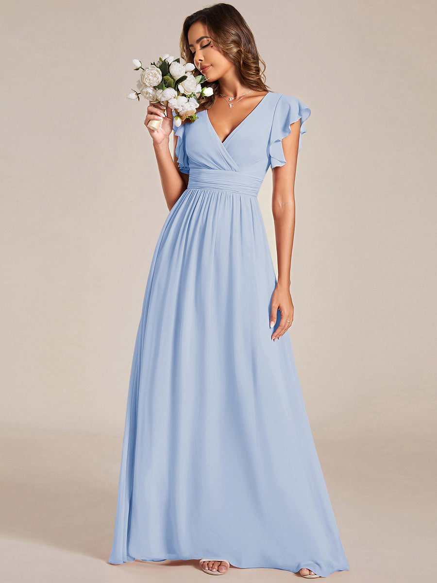 Pleated Chiffon Ruffle Sleeve Bridesmaid Dress #color_Ice Blue
