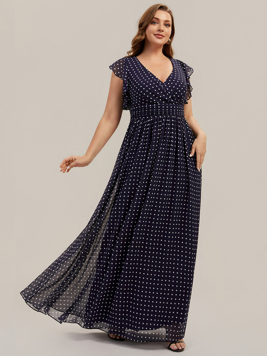 Pleated Chiffon Ruffle Sleeve Bridesmaid Dress #color_Navy Blue Polka Dots