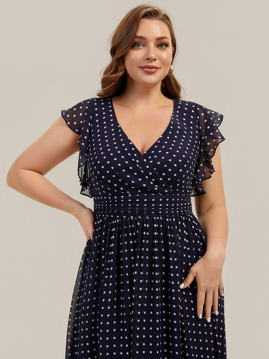Pleated Chiffon Ruffle Sleeve Bridesmaid Dress #color_Navy Blue Polka Dots