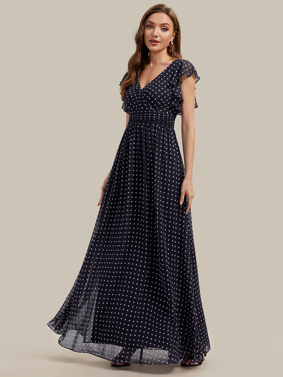 Back Cutout A-Line Pleated Ruffles Sleeve Chiffon Bridesmaid Dress #color_Navy Blue Polka Dots