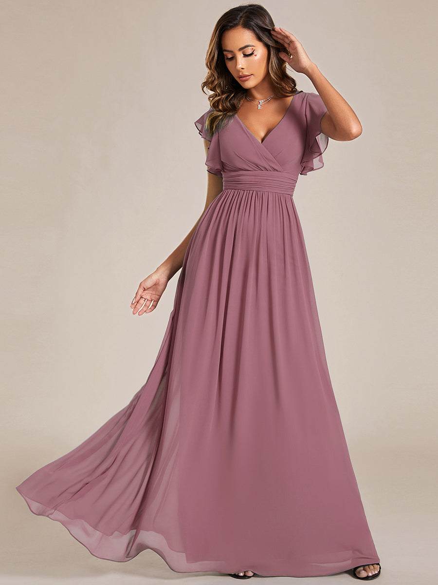 Back Cutout A-Line Pleated Ruffles Sleeve Chiffon Bridesmaid Dress #color_Purple Orchid