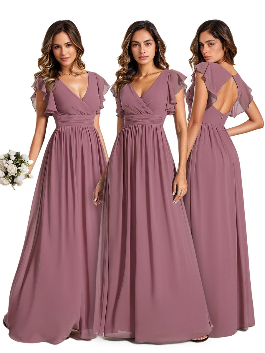 Pleated Chiffon Ruffle Sleeve Bridesmaid Dress #color_Purple Orchid