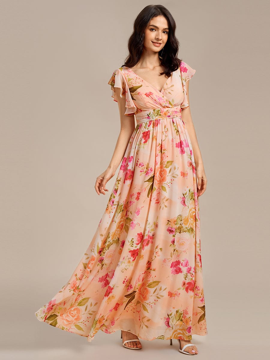 Back Cutout A-Line Pleated Ruffles Sleeve Chiffon Bridesmaid Dress #color_Peach Fuzz