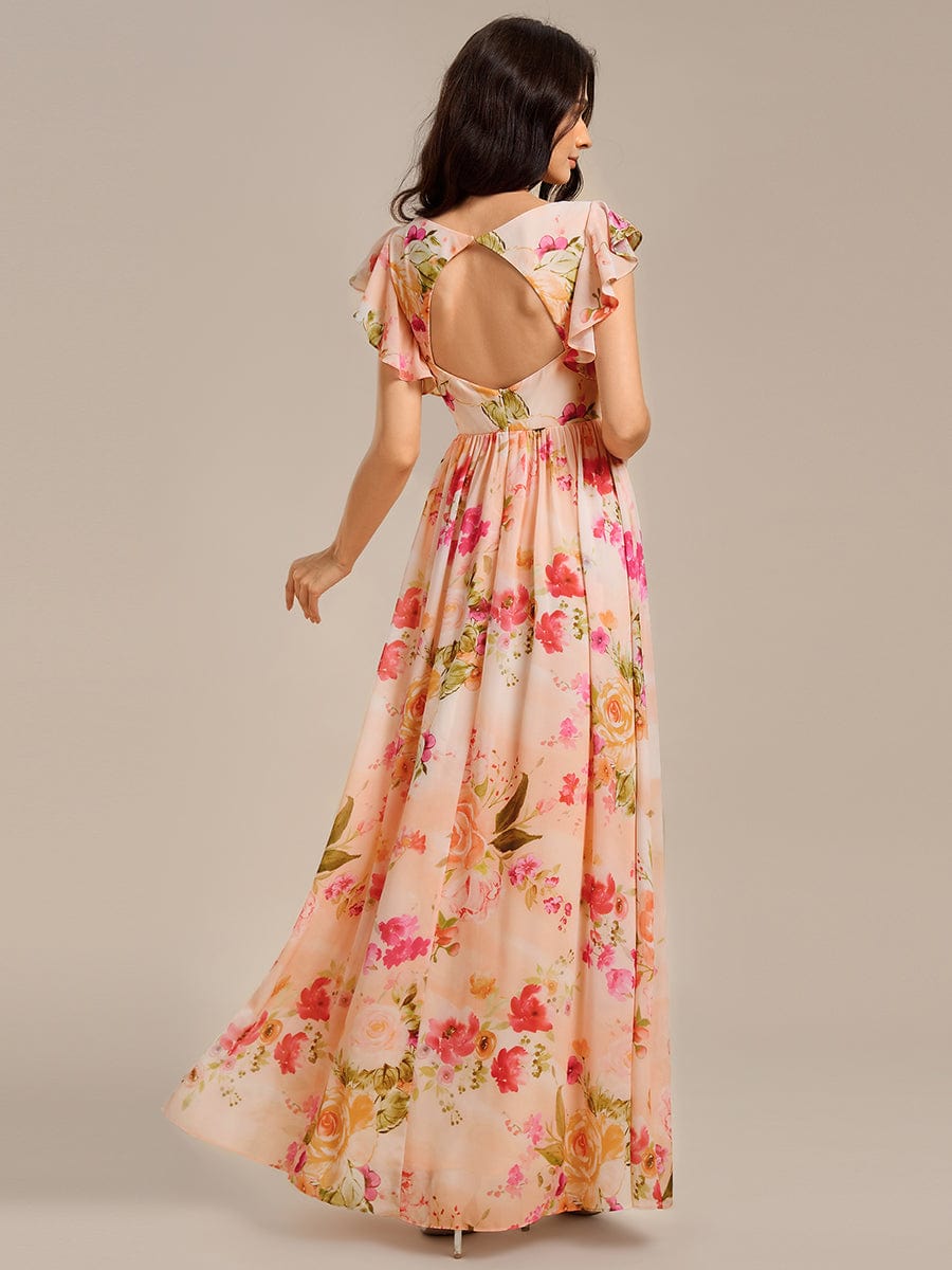 Back Cutout A-Line Pleated Ruffles Sleeve Chiffon Bridesmaid Dress #color_Peach Fuzz
