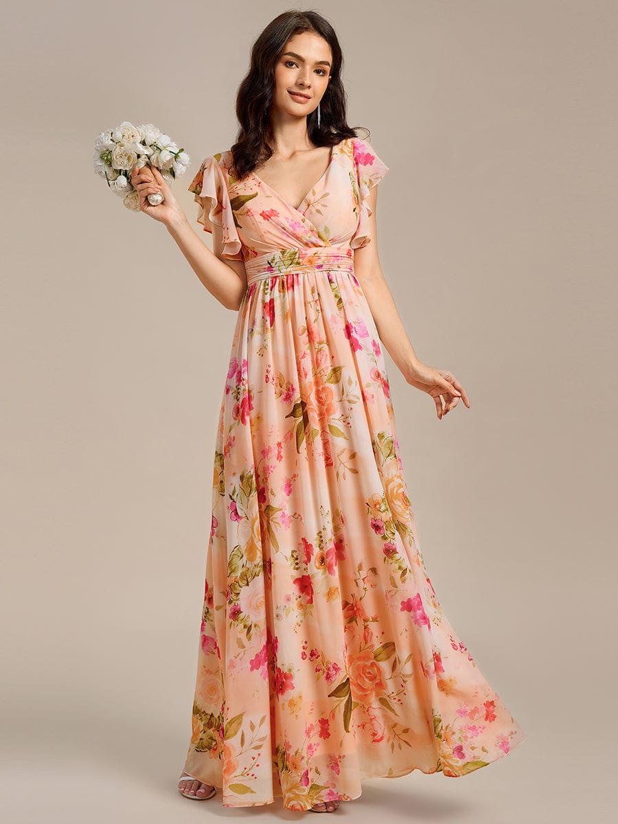 Back Cutout A-Line Pleated Ruffles Sleeve Chiffon Bridesmaid Dress #color_Peach Fuzz