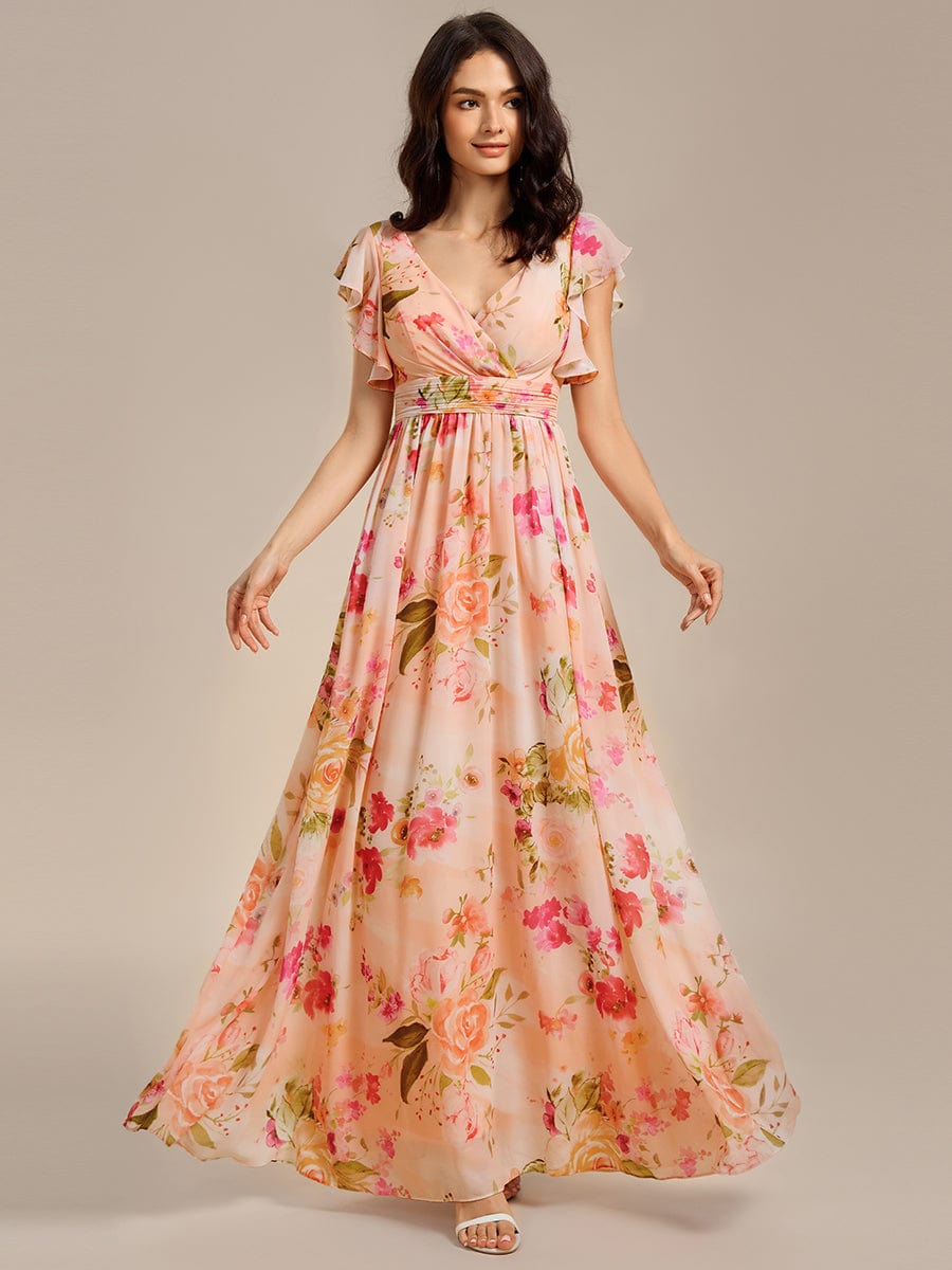 Back Cutout A-Line Pleated Ruffles Sleeve Chiffon Bridesmaid Dress #color_Peach Fuzz