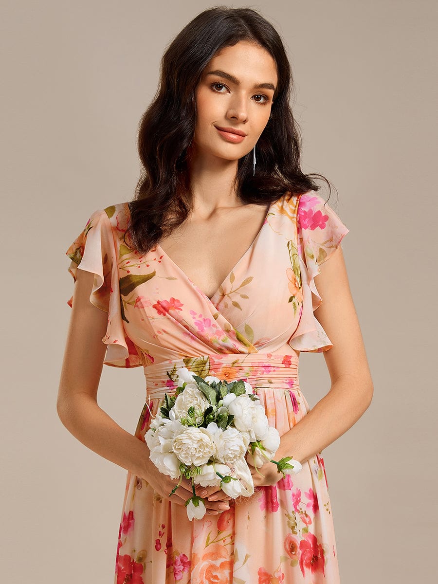 Back Cutout A-Line Pleated Ruffles Sleeve Chiffon Bridesmaid Dress #color_Peach Fuzz